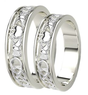 White Gold Celtic Claddagh Band Ring Set