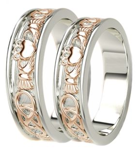 14K White & Rose Gold coated Silver Celtic Claddagh Band Ring Set