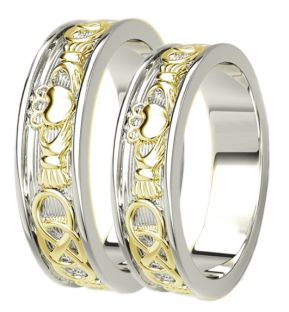 14K White & Yellow Gold coated Silver Celtic Claddagh Band Ring Set