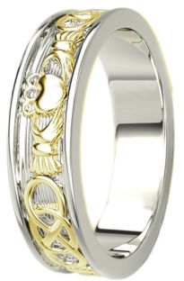 14K White & Yellow Gold coated Silver Celtic Claddagh Mens Band Ring 