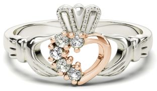 White and Rose Gold Natural Diamond .075 cts Claddagh Ring - April Birthstone