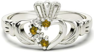 Ladies Citrine Diamond Silver Claddagh Ring - November Birthstone