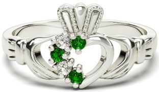 Ladies Emerald Diamond Silver Claddagh Ring - May Birthstone
