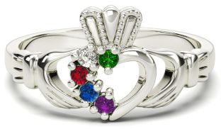 Mother's Birthstone Silver Claddagh Ring 