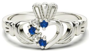 Ladies Sapphire Diamond Silver Claddagh Ring - September Birthstone