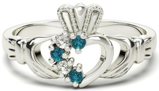 Ladies Toapaz Diamond Silver Claddagh Ring - March Birthstone