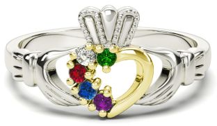 White & Yellow Gold Mother's Birthstone Claddagh Ring 
