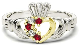 White and Yellow Gold Natural Ruby Diamond Claddagh Ring - July Birthstone
