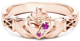 Rose Gold Natural Pink Sapphire .035cts Natural Diamond .01cts Claddagh Celtic Knot Ring - October Birthstone
