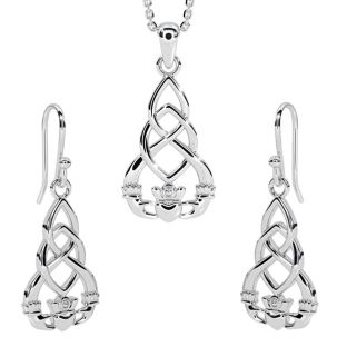 Silver Celtic "Claddagh" Pendant  Necklace + Dangle Earrings Set