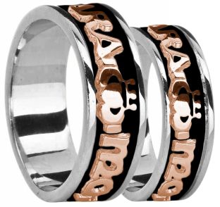 14K White & Rose Gold coated Silver "My Soul Mate" Claddagh Band Ring Set