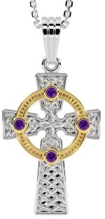 White & Yellow Gold Genuine Amethyst .12cts "Celtic Cross" Pendant Necklace