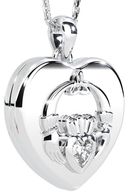 Silver Diamond Claddagh Heart Locket Pendant Necklace