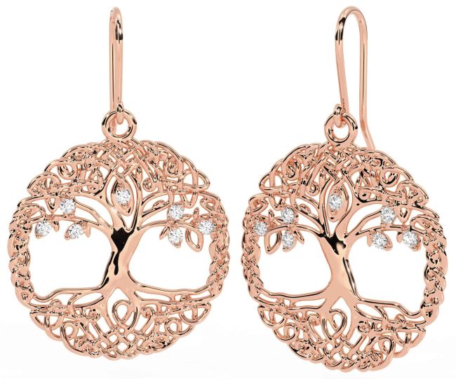 Diamond Rose Gold Silver Celtic Tree of Life Dangle Earrings