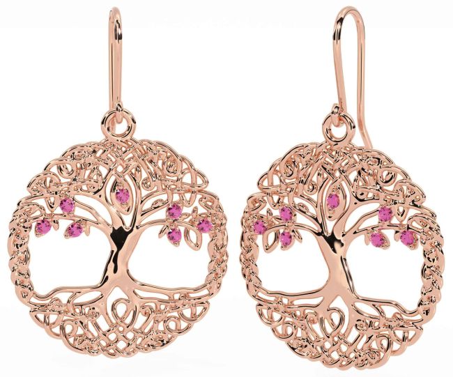 Pink Tourmaline Rose Gold Silver Celtic Tree of Life Dangle Earrings