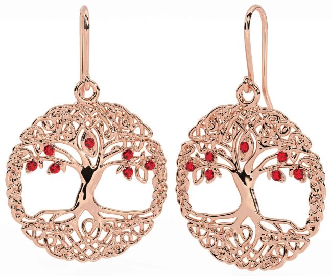Ruby Rose Gold Silver Celtic Tree of Life Dangle Earrings