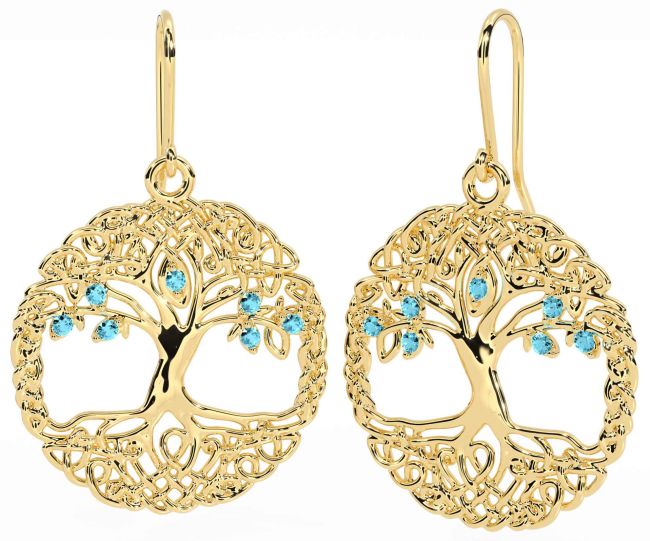 Aquamarine Gold Silver Celtic Tree of Life Dangle Earrings