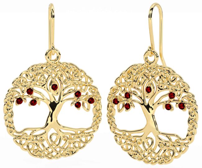 Garnet Gold Silver Celtic Tree of Life Dangle Earrings