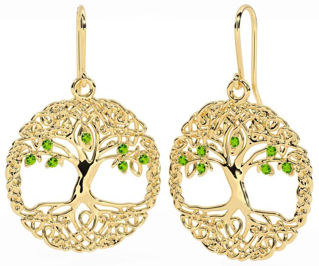 Peridot Gold Silver Celtic Tree of Life Dangle Earrings