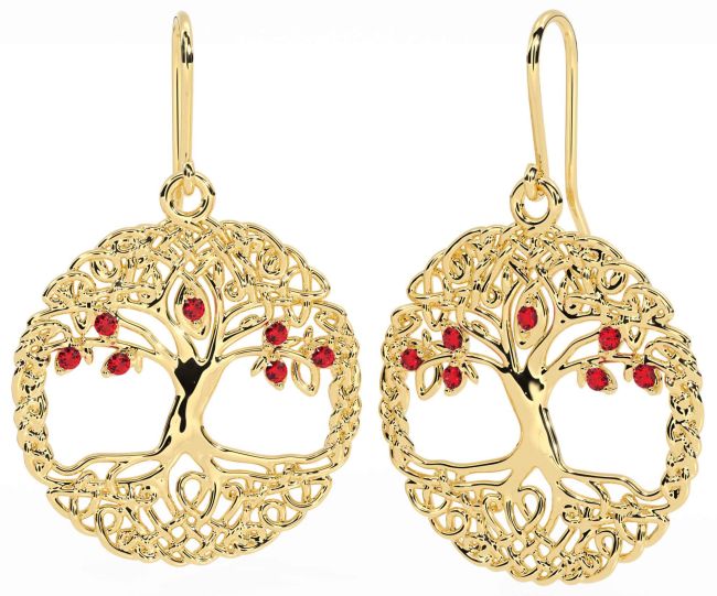 Ruby Gold Silver Celtic Tree of Life Dangle Earrings