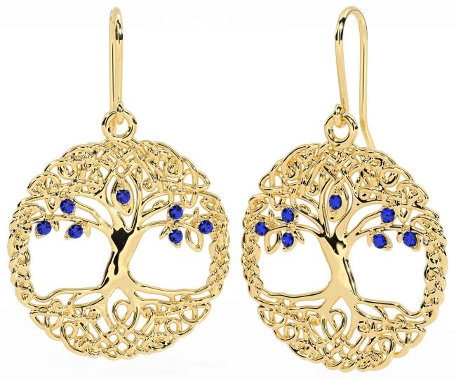 Sapphire Gold Silver Celtic Tree of Life Dangle Earrings