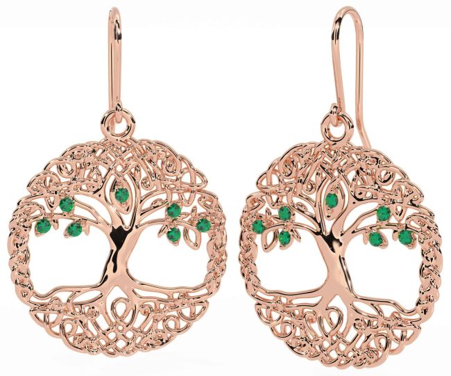 Emerald Rose Gold Celtic Tree of Life Dangle Earrings