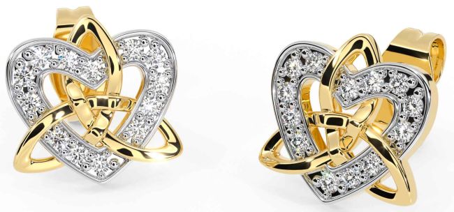 Diamond Gold Celtic Trinity Knot Heart Stud Earrings