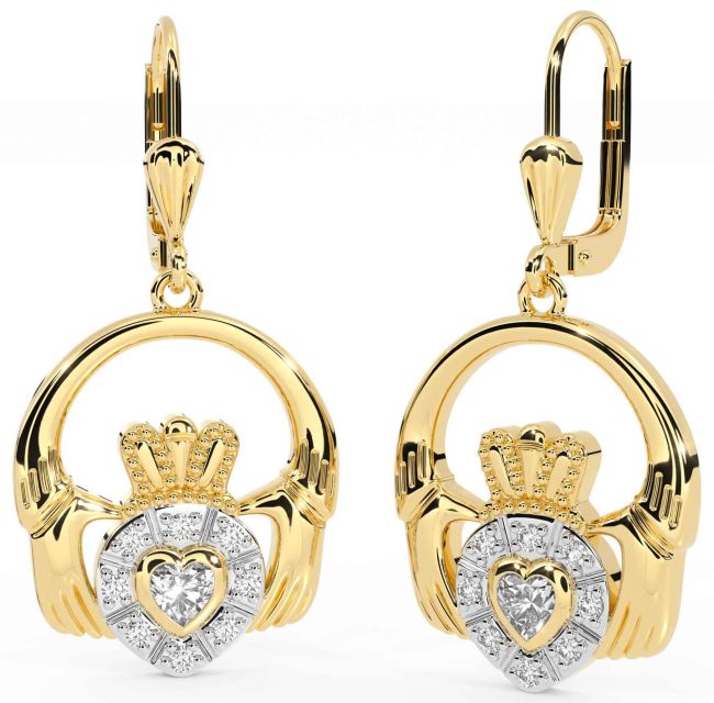 Diamond Gold Silver Claddagh Dangle Earrings