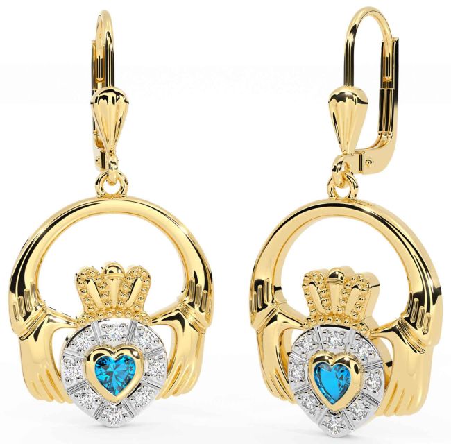 Diamond Topaz Gold Silver Claddagh Dangle Earrings