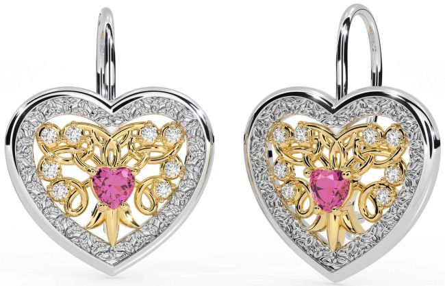 Diamond Pink Tourmaline Gold Silver Celtic Heart Dangle Earrings