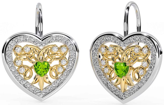 Diamond Peridot Gold Silver Celtic Heart Dangle Earrings
