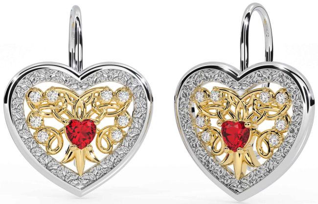 Diamond Ruby Gold Silver Celtic Heart Dangle Earrings