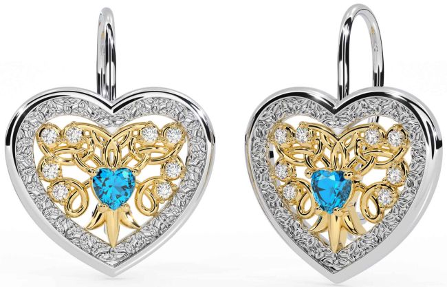 Diamond Topaz Gold Silver Celtic Heart Dangle Earrings