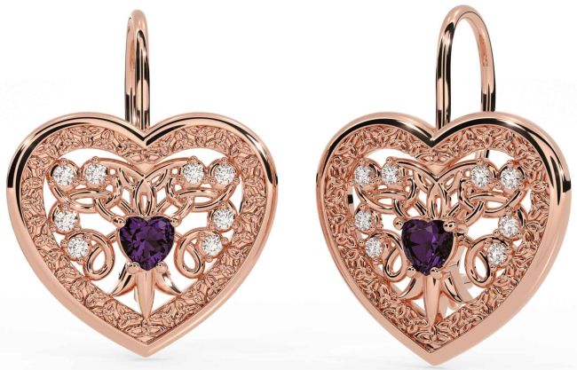 Diamond Alexandrite Rose Gold Silver Celtic Heart Dangle Earrings