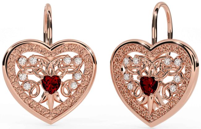 Diamond Garnet Rose Gold Silver Celtic Heart Dangle Earrings