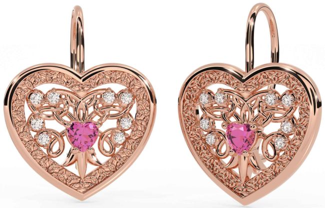 Diamond Pink Tourmaline Rose Gold Silver Celtic Heart Dangle Earrings