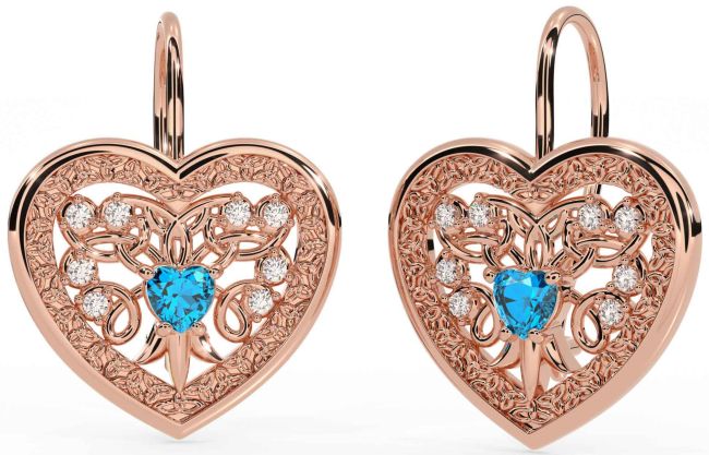 Diamond Topaz Rose Gold Silver Celtic Heart Dangle Earrings