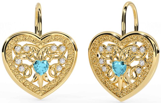 Diamond Aquamarine Gold Silver Celtic Heart Dangle Earrings