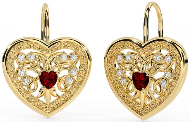Diamond Garnet Gold Silver Celtic Heart Dangle Earrings