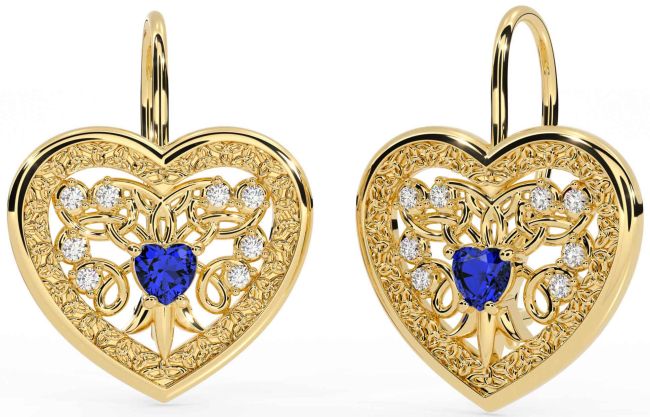 Diamond Sapphire Gold Silver Celtic Heart Dangle Earrings
