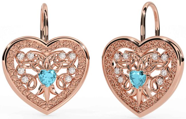 Diamond Aquamarine Rose Gold Celtic Heart Dangle Earrings