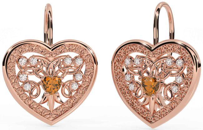 Diamond Citrine Rose Gold Celtic Heart Dangle Earrings
