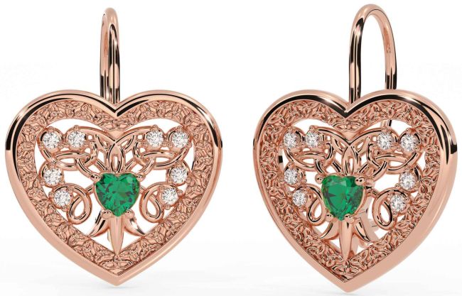 Diamond Emerald Rose Gold Celtic Heart Dangle Earrings
