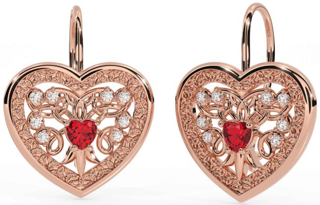 Diamond Ruby Rose Gold Celtic Heart Dangle Earrings