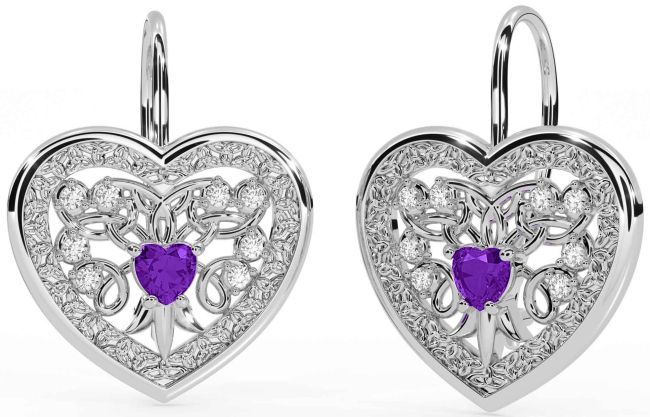 Diamond Amethyst Silver Celtic Heart Dangle Earrings