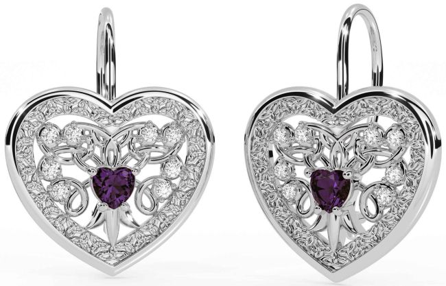 Diamond Alexandrite Silver Celtic Heart Dangle Earrings