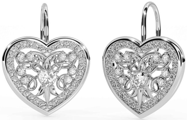 Diamond Silver Celtic Heart Dangle Earrings