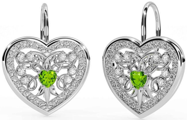 Diamond Peridot Silver Celtic Heart Dangle Earrings