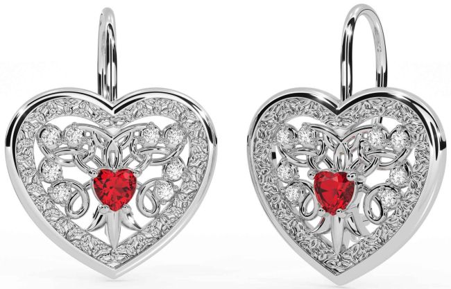 Diamond Ruby Silver Celtic Heart Dangle Earrings