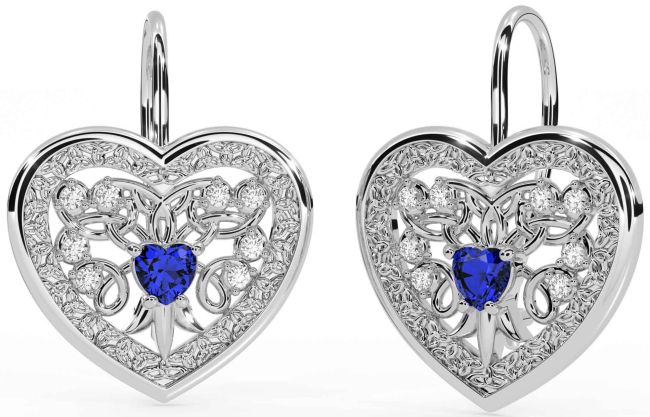 Diamond Sapphire Silver Celtic Heart Dangle Earrings